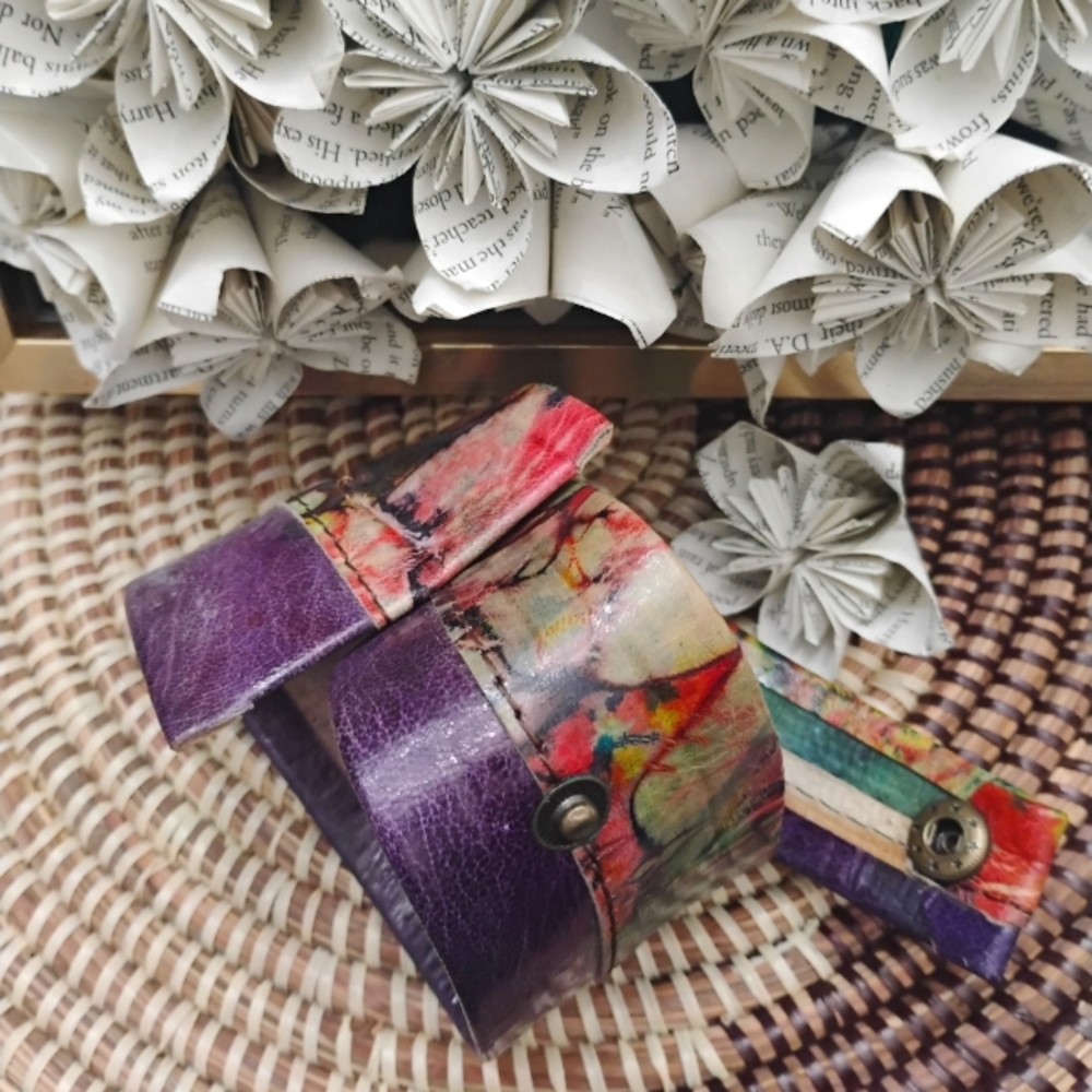 Colorful Abstract Print Leather Cuff Bracelet Purple Multicolor NEW